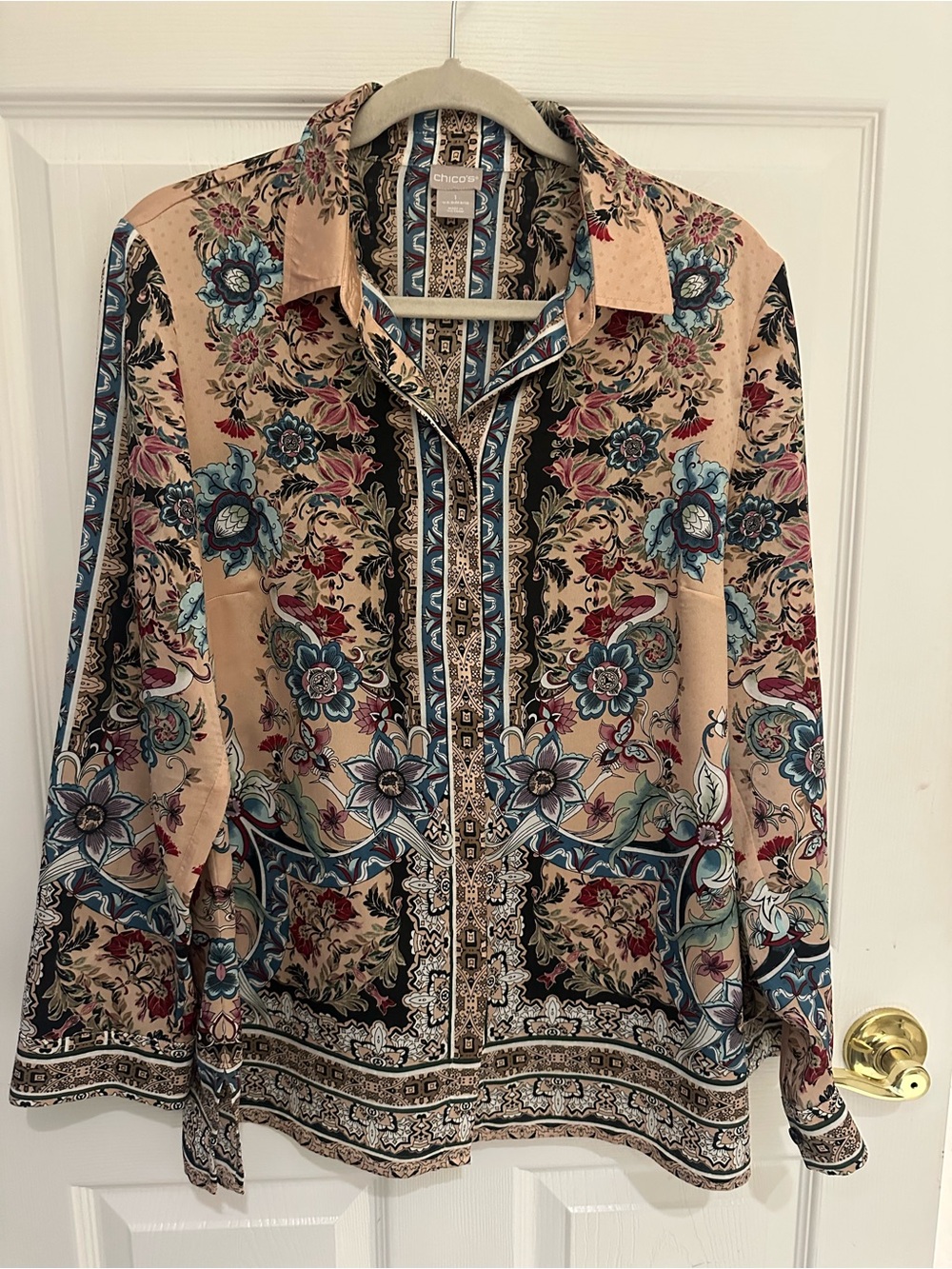 Chico's Printed Button-Up Shirt in Beige, Teal and Black